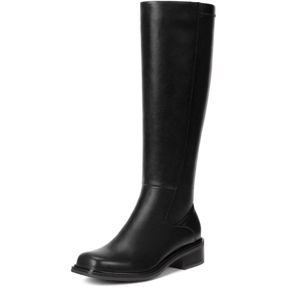 Women's Black Low Heel Square Toe Tall Knee High Side Zipper Boots Faux Leather